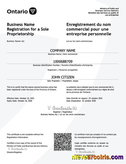 Canada Ontario certificate of business name registration